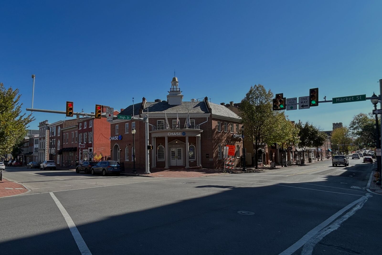 Downtown West Chester PA High Street with historic brick buildings